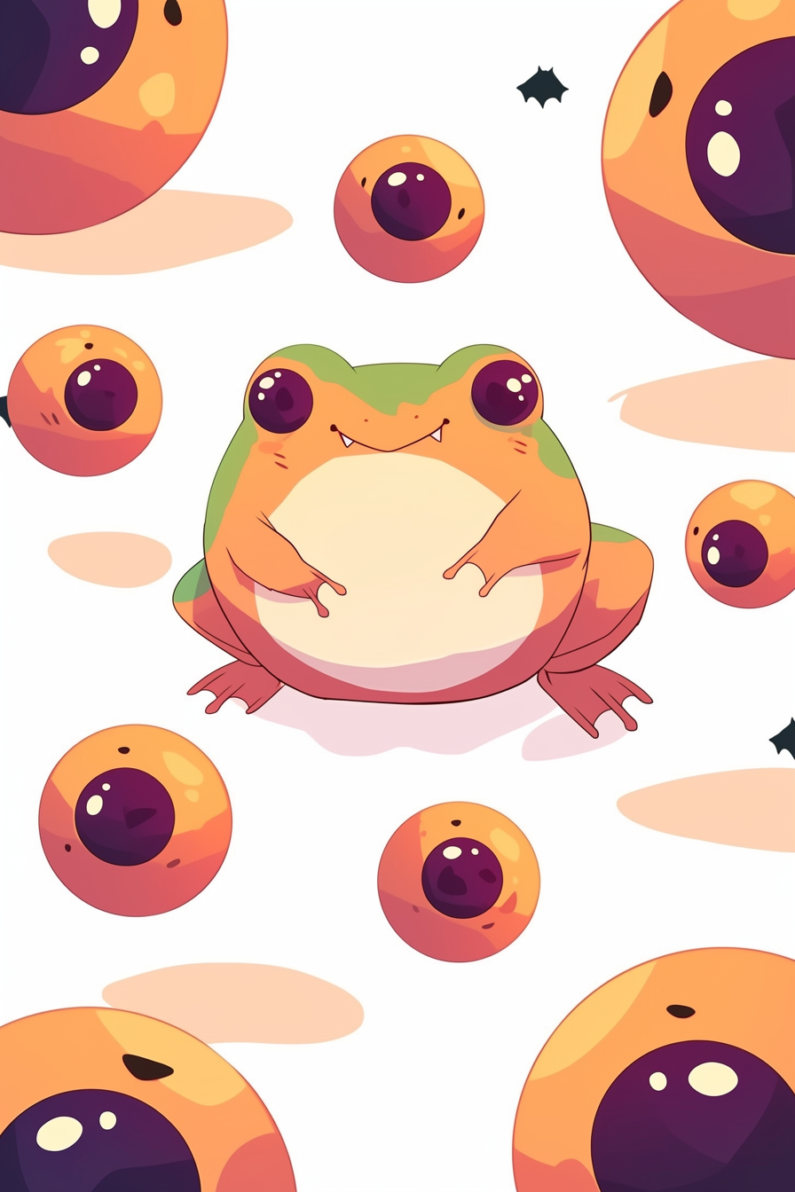 halloween frog drawing ideas 2 features a cheerful frog surrounded by floating colorful eyeballs, set against a white background, creating a whimsical Halloween scene.
